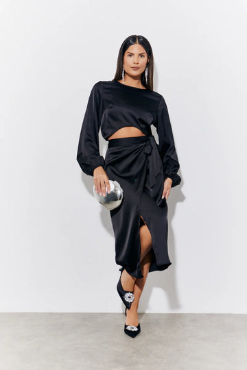 Black Curved Hem Satin Top